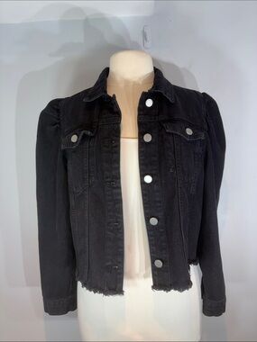 Blank NYC Black Denim Jacket Puff Sleeve Cropped Raw Hem Button Front Size large